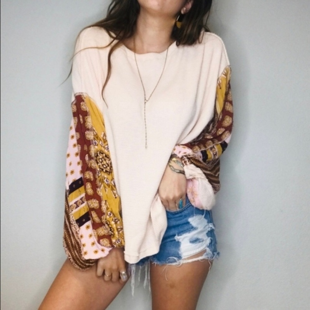 Free People We The Free Blossom Rose Thermal Top Patchwork Dolman Balloon Sleeve - Picture 3 of 11